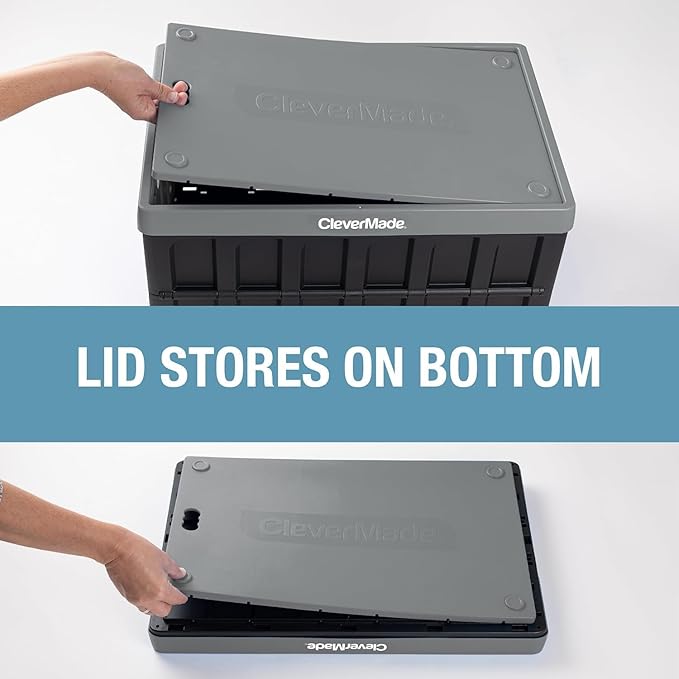 CleverMade Collapsible Storage Bins with Lids (46L, 3 Pack) – Stackable Foldable Plastic Storage Crates for Home, Closet & Trunk Organization - Ocean