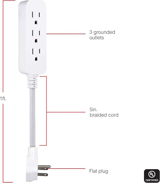 GE Designer 3-Outlet Power Strip, 1 Ft Braided Extension Cord, 3 Grounded Outlets, Flat Plug, Mini Cord, Premium, White, 45190 (Pack of 12)