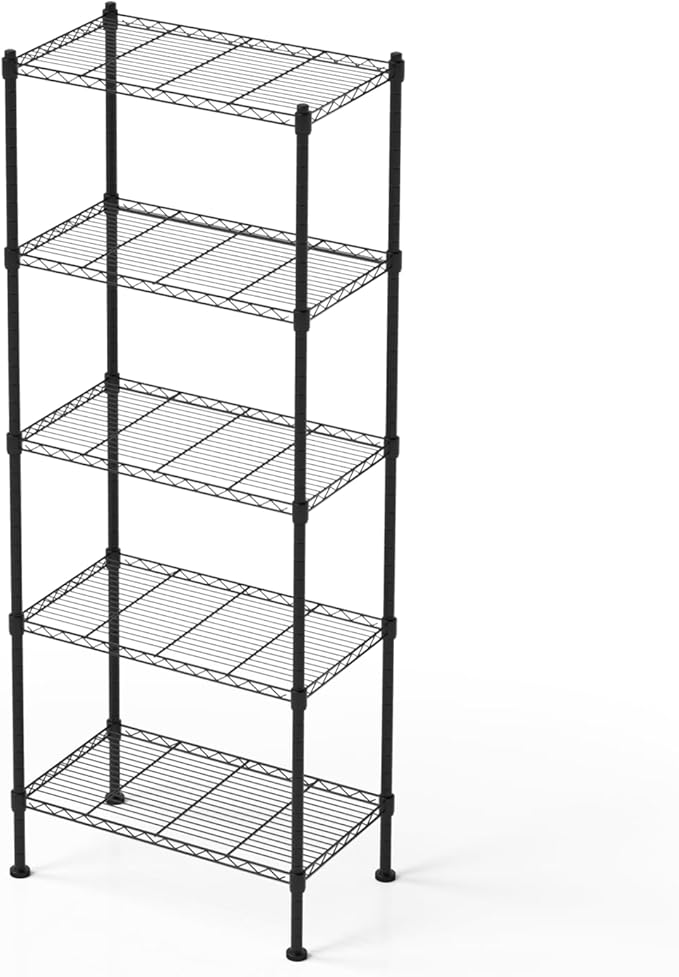 5 Tier Shelving Unit, 176 LBS Per Shelf Height Adjustable Narrow Storage Shelves, Heavy Duty Metal Garage Metal Shelves for Kitchen, Restaurant, Pantry, Laundry, 23"x 13.4"x 59", Black