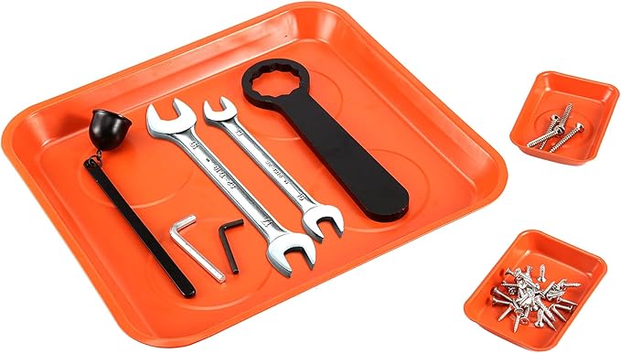 SEUNMUK 8 Pack Orange Magnetic Parts Tray Set, Stainless Steel Rectangle Magnetic Tray Holder for Socket Screw, Nuts, Bolts, Metal Parts, 11.4 x 10 Inch, 5.9 x 2.6 Inch and 3.7 x 2.5 Inch