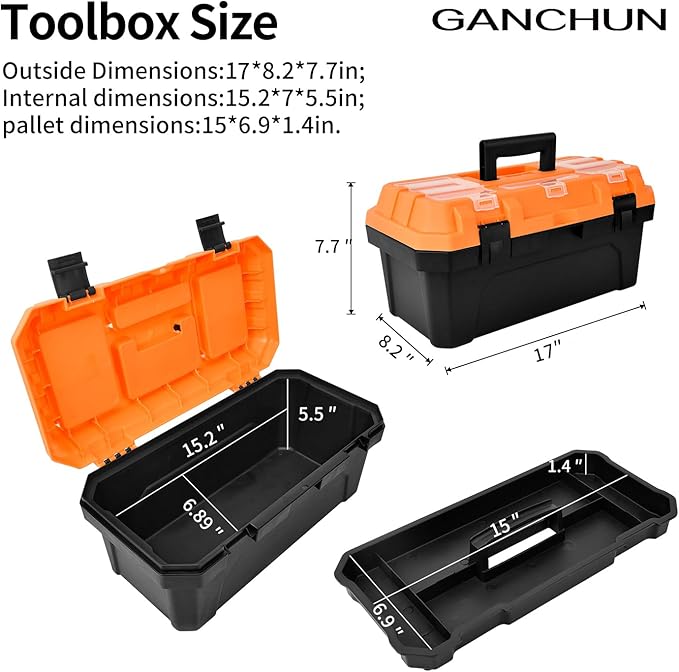 17-inch Tool Box with Removable Tray,Multipurpose Plastic Storage Box/Portable Tool Boxes/Art Craft Organizer, Three Small Parts Storage On The Lid