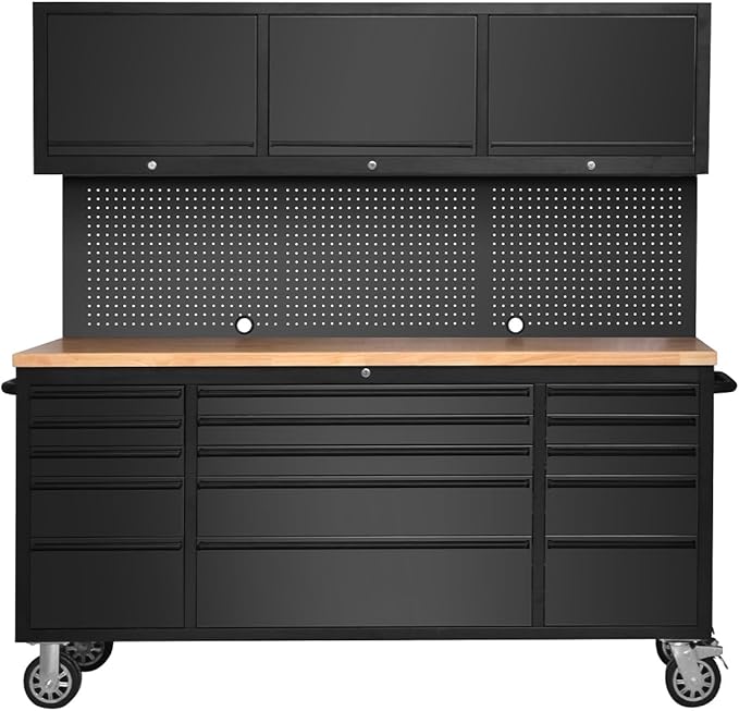 72-inch Rolling Tool Chest Cabinet Garage Workbench with 15 Storage Drawers and Wheels, 3 Upper Cabinet, Pegboard, Steel Large Tool Box for Garage Workshop, Matte Black