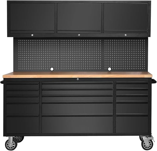 72-inch Rolling Tool Chest Cabinet Garage Workbench with 15 Storage Drawers and Wheels, 3 Upper Cabinet, Pegboard, Steel Large Tool Box for Garage Workshop, Matte Black