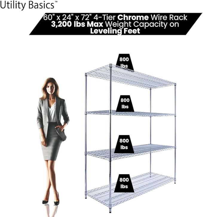 NSF Commercial 4-Tier Wire Shelving with Wheels, 60"x24"x72" Heavy Duty Metal Shelves 3200 lbs Max Capacity, Chrome Storage Rack for Garage Kitchen Pantry Warehouse