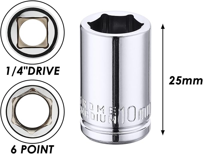 MIXPOWER 4PCS 1/4"Drive 10mm Deep&Shallow Socket, 6 Point, Cr-V Steel, 10mm