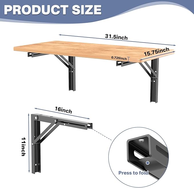 WALMANN Space Saving Wall Mounted Folding Workbench, Heavy Duty Folding Wall Table/Desk for Garage, Workshop, Holds Up to 150 lbs(Tabletop Size: 31.5 x 15.75 inch)