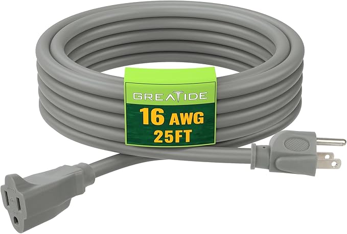 Indoor Outdoor Extension Cord 25 FT, 16/3 SJTW Weatherproof Grey Electrical Cords, 13 AMP Heavy Duty 3 Prong Power Cable Great for Garden, Landscaping & Holiday Decorations