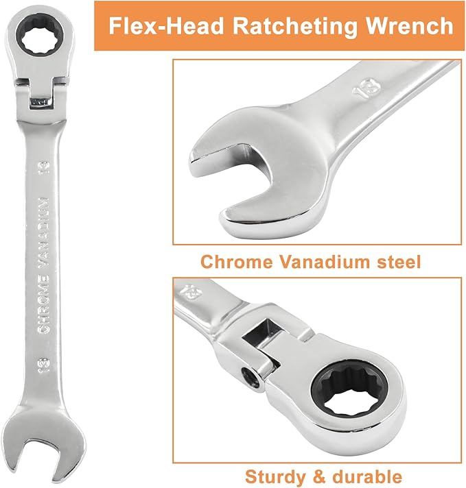 Piutouyar 13mm Flex-Head Ratcheting Wrench, Professional Metric Ratchet Wrench Combination Wrench Box Ended Spanner Tool for Projects Repair(5° Movement and 72 Teeth 12 Point, CR-V)