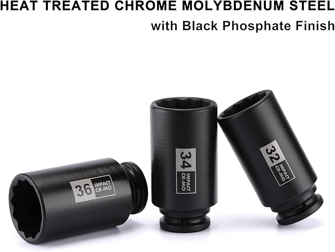 Mayouko 8PCS 1/2" Deep Axle Nut Impact Socket Set, CR-MO, 12 Point Design, Metric, 29,30,32,34,35,36,38,39mm, 1/2 Inch Extra Deep Impact Socket