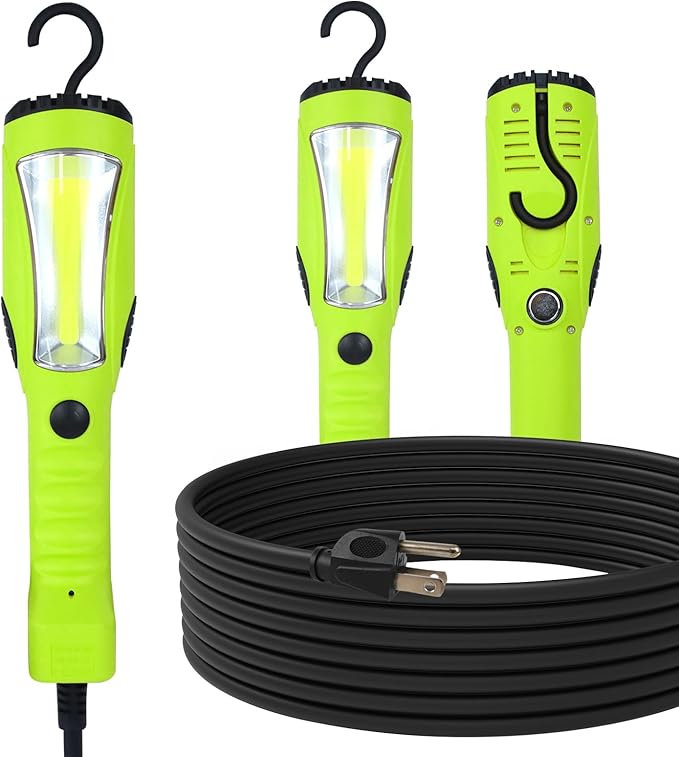 EP 25 Ft LED Work Light, 1200 Lumen COB LED Trouble Light - 16 Gauge SJTW Indoor Outdoor Extension Cord, Handheld, Magnetic Base, Rotatable Hanging Hook - Green