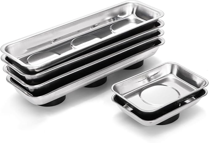 Okllen Set of 6 Small Magnetic Parts Trays, Stainless Steel Magnetic Tray Set for Mechanic's, Extra Strong Magnetic Tool Trays Holder for Socket Screw Nuts Bolts Metal Parts, 8"x2.5"/3.6"x2.5"