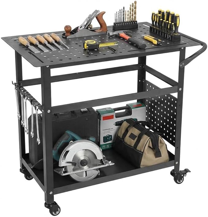 Heavy-Duty Welding Table with Wheels, 36"X24" Portable Welder Workbench with 5/8" Fixture Holes & Storage Panels for Shop & Workshop | Mobile Welding Station & Fabrication Table