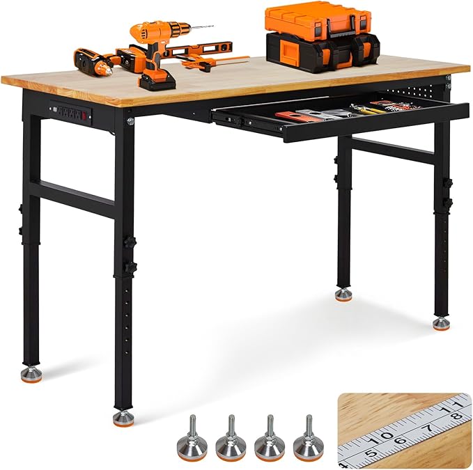 60" Adjustable Workbench with Drawer, 2000 LBS Heavy Duty Work Bench with Power Outlet and Fixed Legs, Sturdy Steel Frame with Rubber Wood Top, Work Table for Garage, Office, Home, Commercial