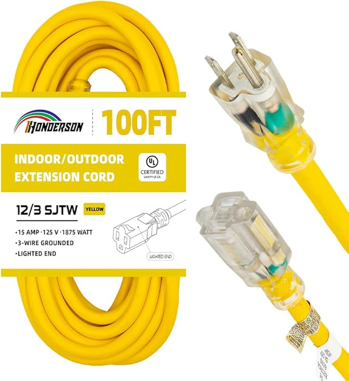 Indoor Outdoor Extension Cord Weatherproof with Lighted End, UL Certified, 12 Gauge 100FT Yellow 3 Prong Heavy Duty, 12/3 SJTW 15A Power Cord for Outdoor Lights, Lawn