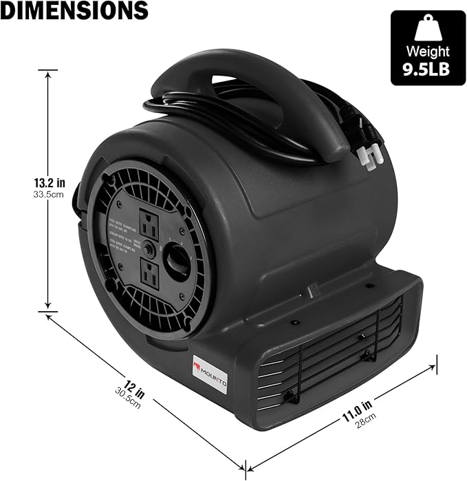 MOUNTO 1/5hp Air Mover 800cfm Blower Fan Carpet Floor Drying Fan - 3-Speed Compact Air Mover w/Dual Outlet, 10ft Power Cord for Drying, Cooling, Air Circulation (Black)