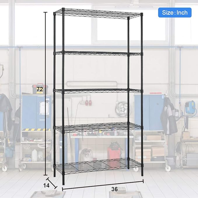 BestOffice 14Dx36Wx72H 5-Shelf Adjustable Storage Shelves Wire Shelving Unit Garage NSF Metal Shelf Heavy Duty Utility Commercial Grade Steel Layer Shelf 1250 LBS Capacity,Black