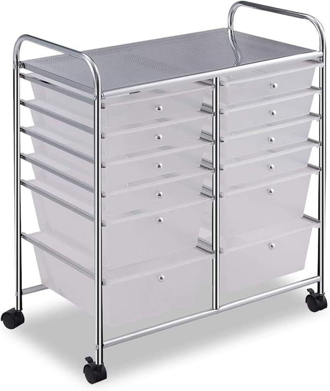 12-Drawer Rolling Storage Cart, Utility Cart Storage Shelves with 4 Universal Wheels, Tools Scrapbook Paper Organizer, Ideal for Home Kitchen Office Organizing (Transparent)