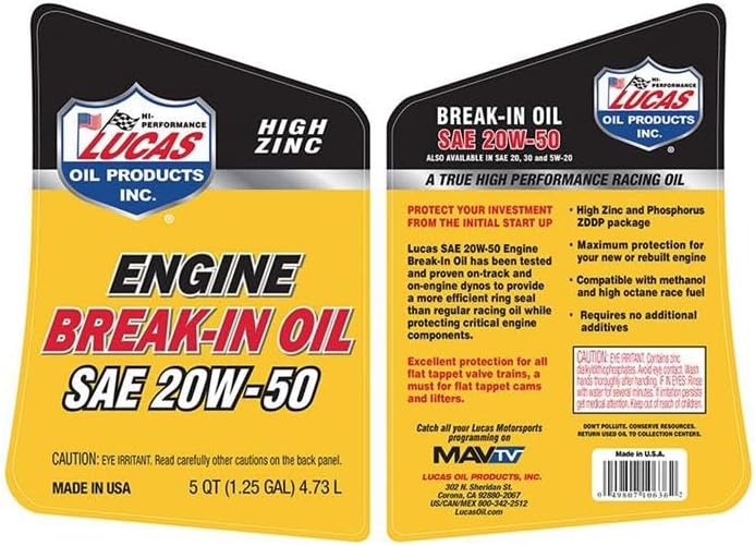 Lucas Oil 10636 SAE 20W-50 Engine Break-in Oil - 5 Quart (Pack of 3)