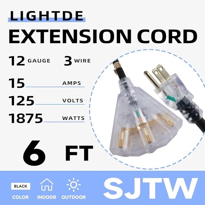 6 Ft Lighted Outdoor Extension Cord with 3 Electrical Power Outlets - 12/3 SJTW Heavy Duty Black Extension Cable with 3 Prong Grounded Plug for Safety, UL Listed