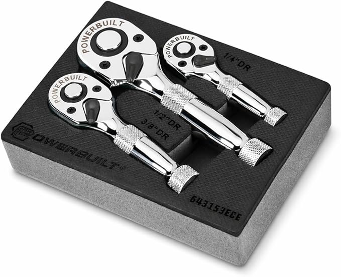 Powerbuilt 3 Piece 1/4-Inch, 3/8-Inch and 1/2-Inch Stubby Ratchet Set, Quick-Release Reversible 90 Tooth, Tight Spaces, Mini Small Ratchet Wrench - 643153ECE