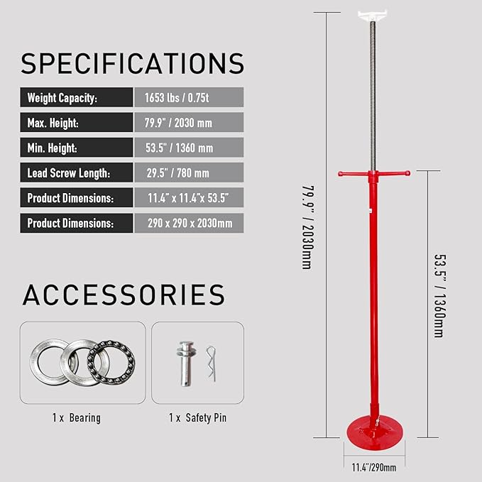 UnderHoist Support Stand, 3/4 Ton Capacity, Under Hoist Jack Stand Car Support, Lifting from 53.5 to 79.9 in,12 Inch Diameter Base, Self-Locking Threaded Screw, Heavy Duty Support Vehicle Components