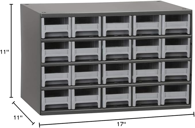 Akro-Mils Steel Garage Storage Cabinet, Small Parts Organizer Metal Cabinet for Hardware, Nails, Screws, Bolts, Nuts, and More, 17" W x 11" D x 11" H, 20-Drawer, Gray Cabinet/Gray Drawers (19320)