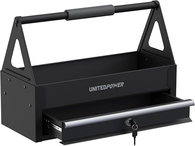 UNITEDPOWER Handy Tool Box With 1 Drawer，Portable Metal Tote Tray with comfortable grip handle, Tool Organization for Household, Warehouse, Repair Shop, Black