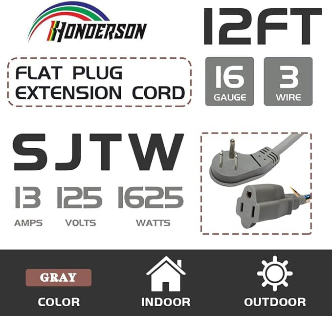 Flat Plug Indoor Extension Cord, UL Certified, 16 Gauge 12FT Grey 3 Prong Heavy Duty, 16/3 SJTW 13A Power Cord for Lights, Appliances, Home
