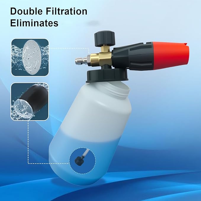 Foam Cannon, 1 Liter Heavy Duty Snow Foam Lance - Professional Car Foam Blaster with Wide Neck & 1/4" Quick Connector, 5 Pressure Washer Nozzle Tips Included