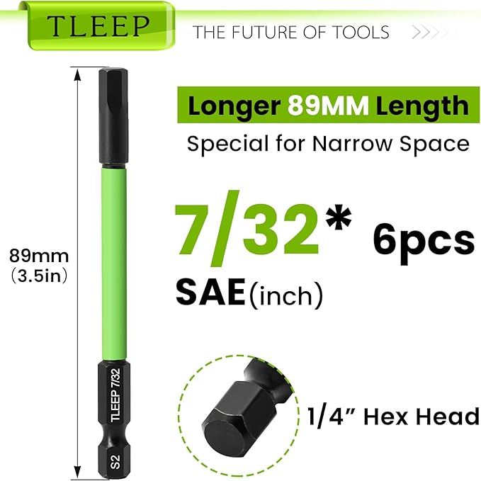 3.5" Long 1/4" Hex Head Allen Wrench Drill Bits, SAE 7/32" Impact Driver Bit Set, Magnetic Tips Magnetic Screwdriver Bits Hex Drill Bit Set, S2 Steel, New Version Hex Keys with Storage Case