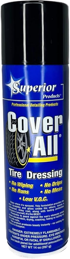 Superior Products California Cover All Automotive Tire Shine Aerosol Spray Can & Professional Grade -Tire Dressing - High Gloss - Water Repellent & Made in America (14 oz)