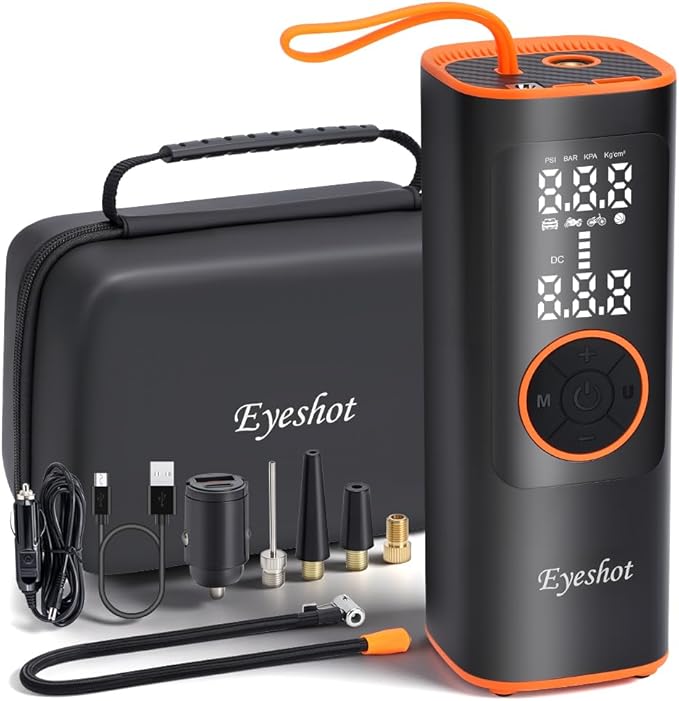 Eyeshot Tire Inflator Portable Air Compressor, Fast Inflation & High Battery Capacity, 150PSI Cordless Air Pump for Car Tires, SUV, Motorcycle, Bike, Ball with Digital Pressure Gauge & LED Light