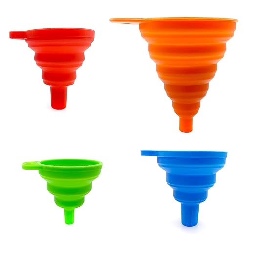 4-Pack Collapsible Silicone Kitchen Funnel Set | Small & Large Sizes for Bottles, Liquid Transfer, Cooking | Dishwasher Safe & Space-Saving Design