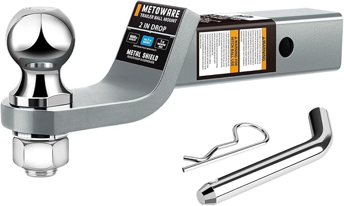 METOWARE Trailer Hitch Ball Mount, 2" Drop Hitch with 2" Ball, 6,000 lbs GTW Fits 2" Receiver for Truck SUV Boat RV, Solid Steel Towing Kit with Hitch Pin & Clip, Titanium Grey