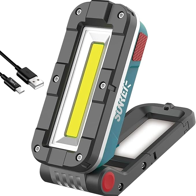 SUNREI LED Rechargeable Magnetic Work Lights COB Mechanic Lights,1200 Lumens, Magnetic Base & Hanging, 7Mode, Magnetic Flashlight Job Site & Security for Car Repair, Emergency, Gift for Men