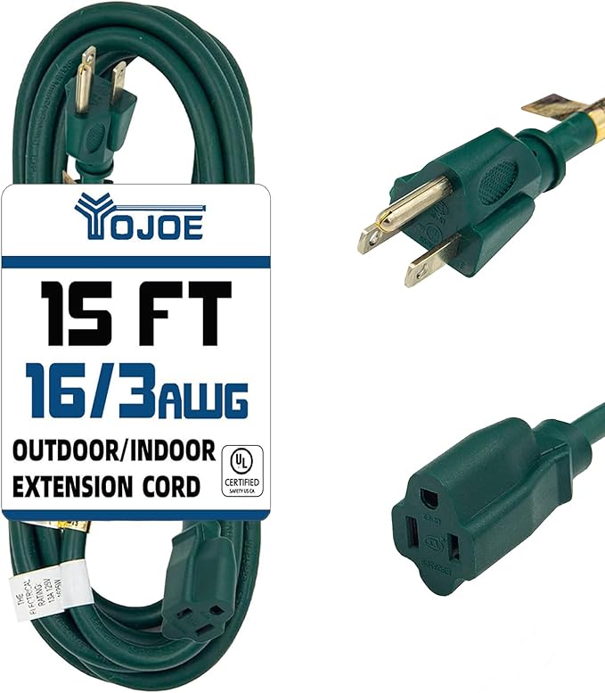 YOJOE Indoor Outdoor Extension Cord, 16 Gauge SJTW Heavy Duty 15 ft Green, 3 Prong 13A Weatherproof Power Cord for Garage, Garden and Home, UL Listed