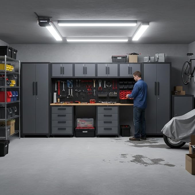 Garage Storage Cabinet System, 14PCS Workshop Set Garage Cabinets and Storage System with Steel Cabinet Drawers, Workbench, Pegboard for Tool Organization