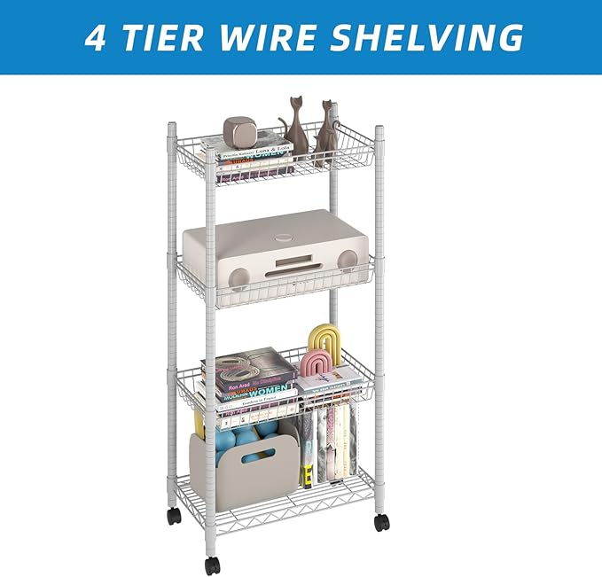 Guan River 4 Tier Wire Shelving Wire Basket Shelf Storage Cart Adjustable Metal Shelf 2 Bottoms for Choose(Castor or Leveling Feet) for Office,Kitchen,Bedroom,Silver(23.23" L x 13.11" W x 49.21" H)