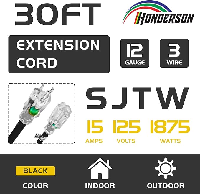 Indoor Outdoor Extension Cord Weatherproof with Lighted End, UL Listed, 12 Gauge 30FT Black 3 Prong Heavy Duty, 12/3 SJTW 15A Power Cord for Outdoor Lights, Lawn