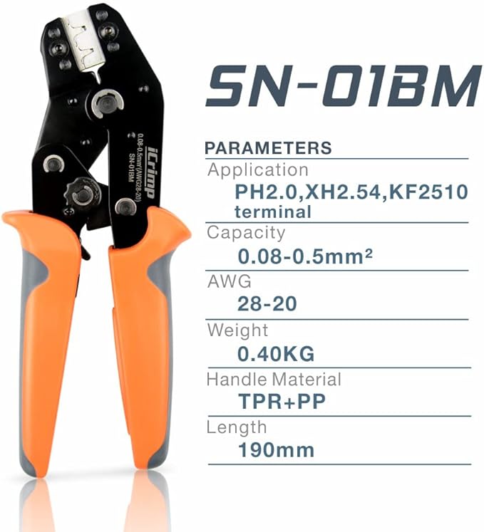 iCrimp SN-01BM Ratchet Crimper AWG28-20 for XH2.54/3.96,PH2.0,PX,JST,Molex Terminal