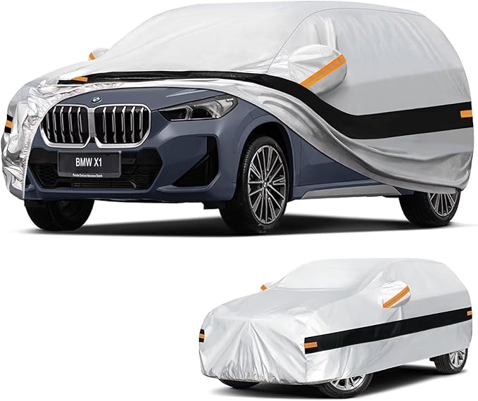 10 Layers SUV Car Cover Custom Fit for BMW X1 (2009-2026) E84, F48, F49, U11, Waterproof All Weather for Automobiles, Outdoor Full Cover Sun Dust Rain Protection with Cotton. Silver