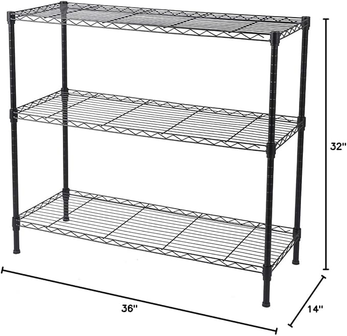 Standing Shelving Units, 36" W x 14" D x 32" H Metal Storage Shelves, Adjustable Carbon Steel Wire Shelving Rack Display Shelf for Garage Bathroom Kitchen Home Office (3-Tiers, Black)