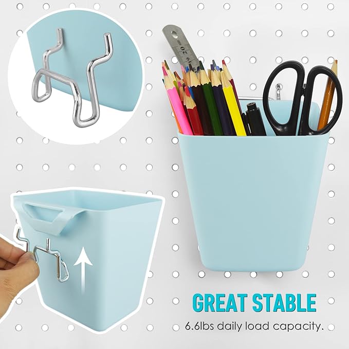 G.CORE Large Pegboard Cups Peg Board Storage Bin 6 Pack with Hooks, Square Box Shape Pegboard Cup Holder Accessories for Garage Workbench/Craft Room/Office/Playroom/Home Kitchen Organization (Blue)