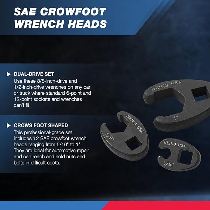 Neiko 03323A Crowfoot Wrench Set 1/2" and 3/8” Drive, 12 Piece, SAE Crows Foot Wrench Sizes 5/16” to 1”, Chrome-Moly Flare Nut Wrench Set