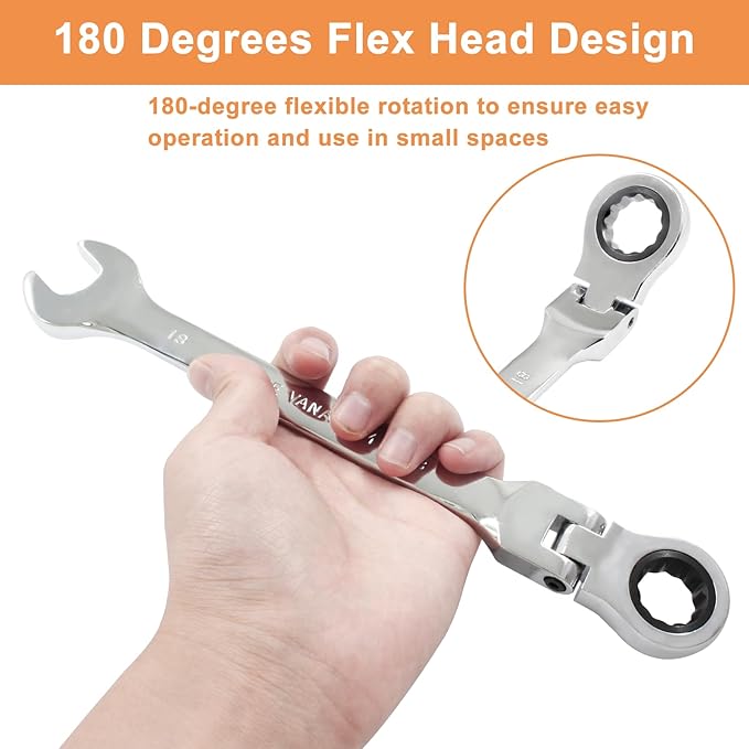Piutouyar 18mm Flex-Head Ratcheting Wrench, Professional Metric Ratchet Wrench Combination Wrench Box Ended Spanner Tool for Projects Repair(5° Movement and 72 Teeth 12 Point, CR-V)