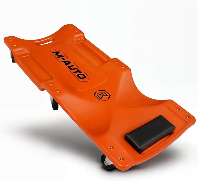 M-AUTO 36" Mechanic Rolling Garage Creeper with Padded Headrest Light Weight Automotive Creeper Mechanic Cart with Dual Tool Trays and Noiseless Casters, Orange