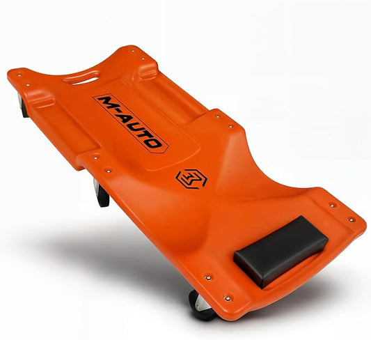 M-AUTO 36" Mechanic Rolling Garage Creeper with Padded Headrest Light Weight Automotive Creeper Mechanic Cart with Dual Tool Trays and Noiseless Casters, Orange