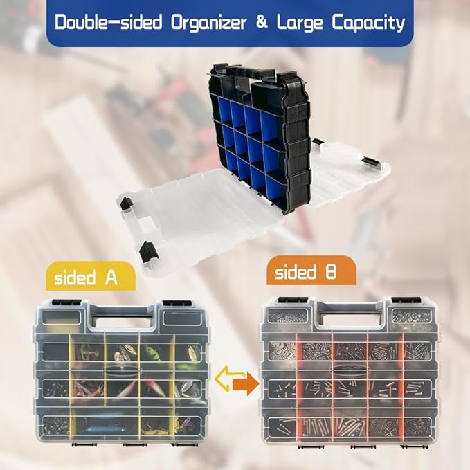 Tool Box Storage Organizer, TONGQI 34-Compartment Double Side Small Parts Box with Removable Plastic Dividers for Hardware, Screws, Bolts, Nails, Jewelry and Fishing Accessories, 2 Pack