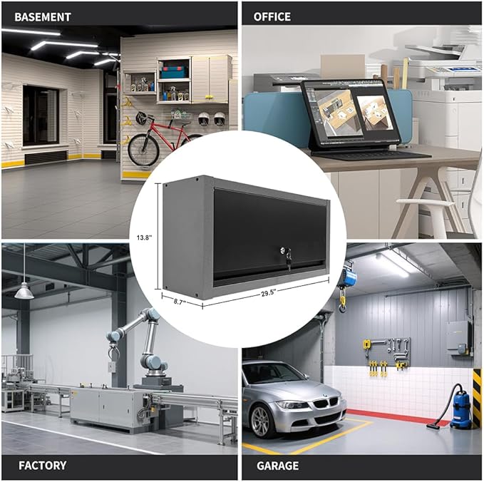 JZD Small Metal Wall Mounted Storage Garage Cabinet with Flip Up Door, Black & Grey