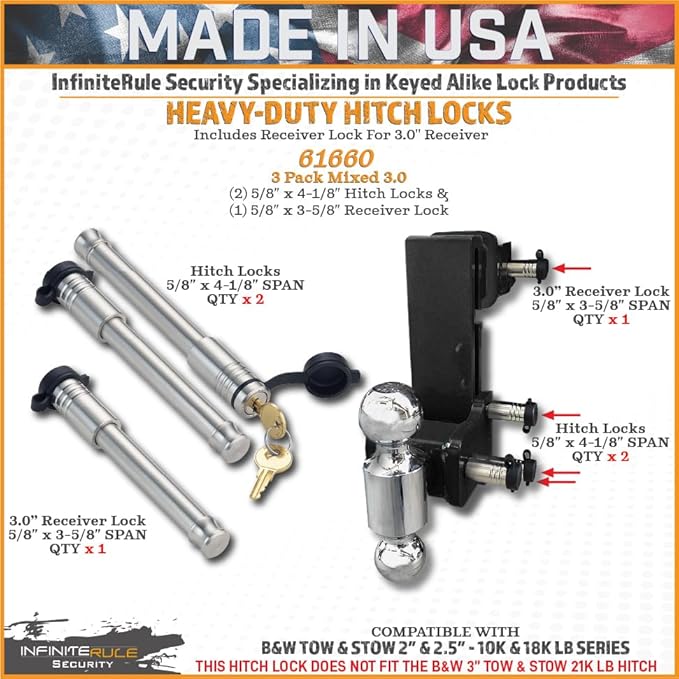 61660 | 3 Pack Mixed 3.0, Keyed Alike, Hitch Locks for B&W 2" & 2.5" Tow and Stow 10K LB & 18K LB - Includes Lock for 3.0" Receiver